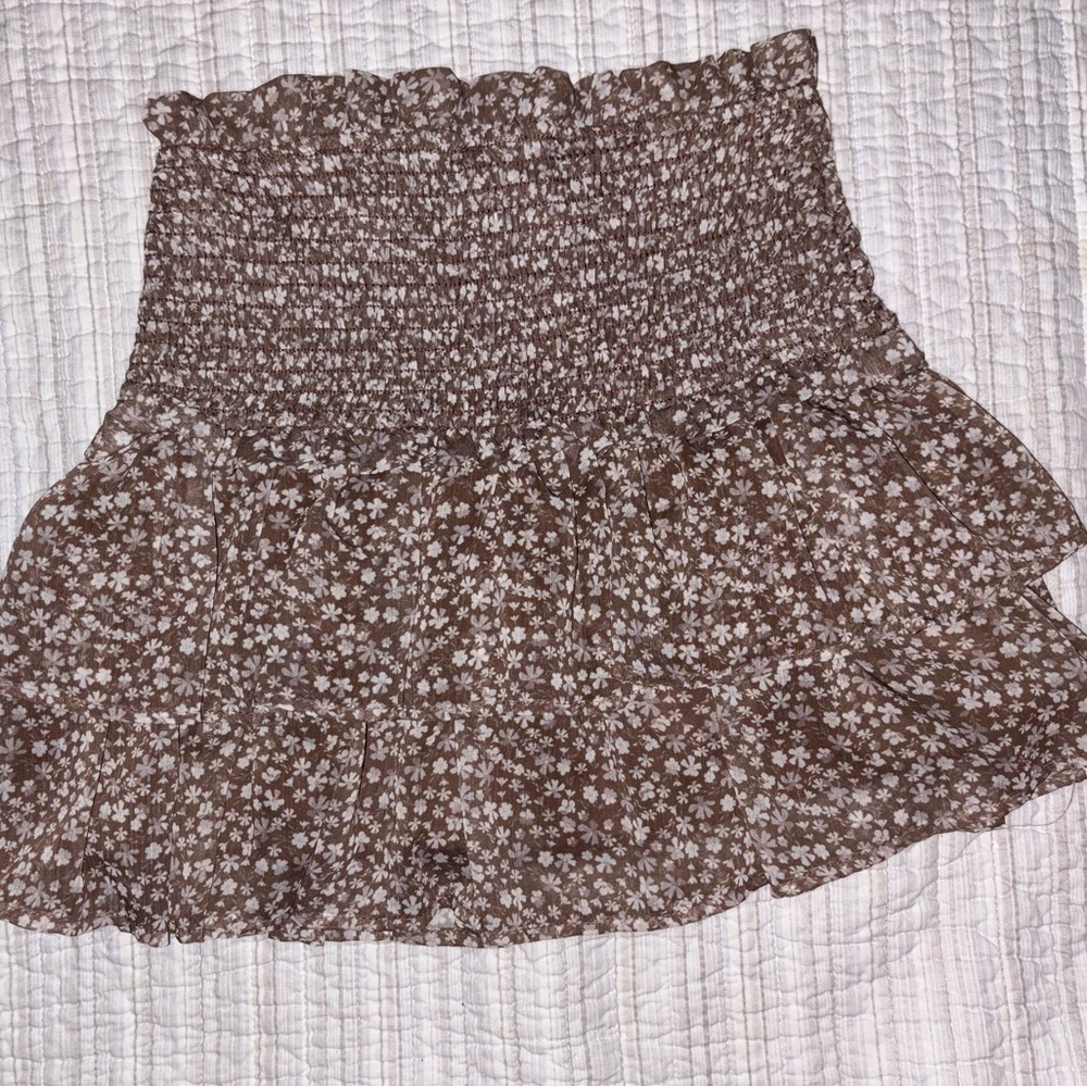 Altar'd State Brown and White Skater Skirt with Smocked Ruffles